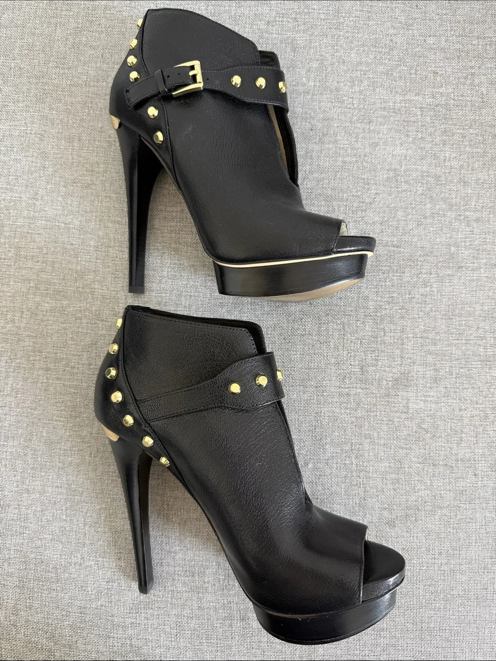 Michael Kors leather Black Peep-Toe Platform Booties with Gold Studs